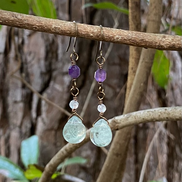 Fluorite and Amethyst Dangle Earrings - Picture 2 of 4